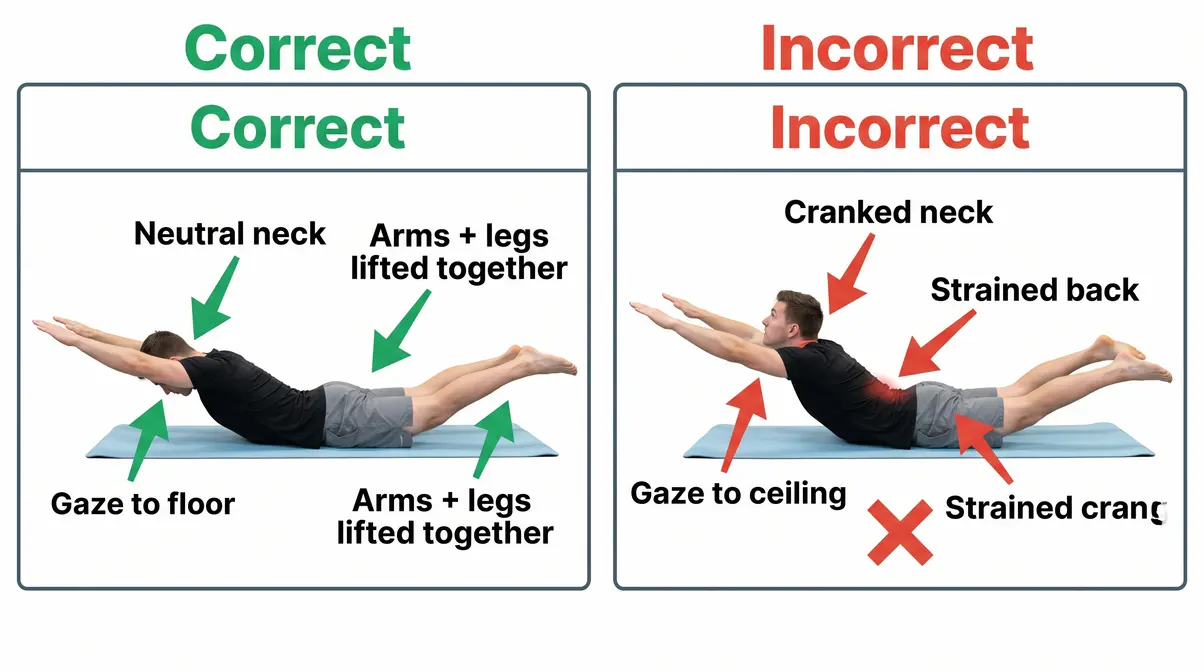 Superman hold back exercise no equipment — correct neutral neck versus incorrect neck strain