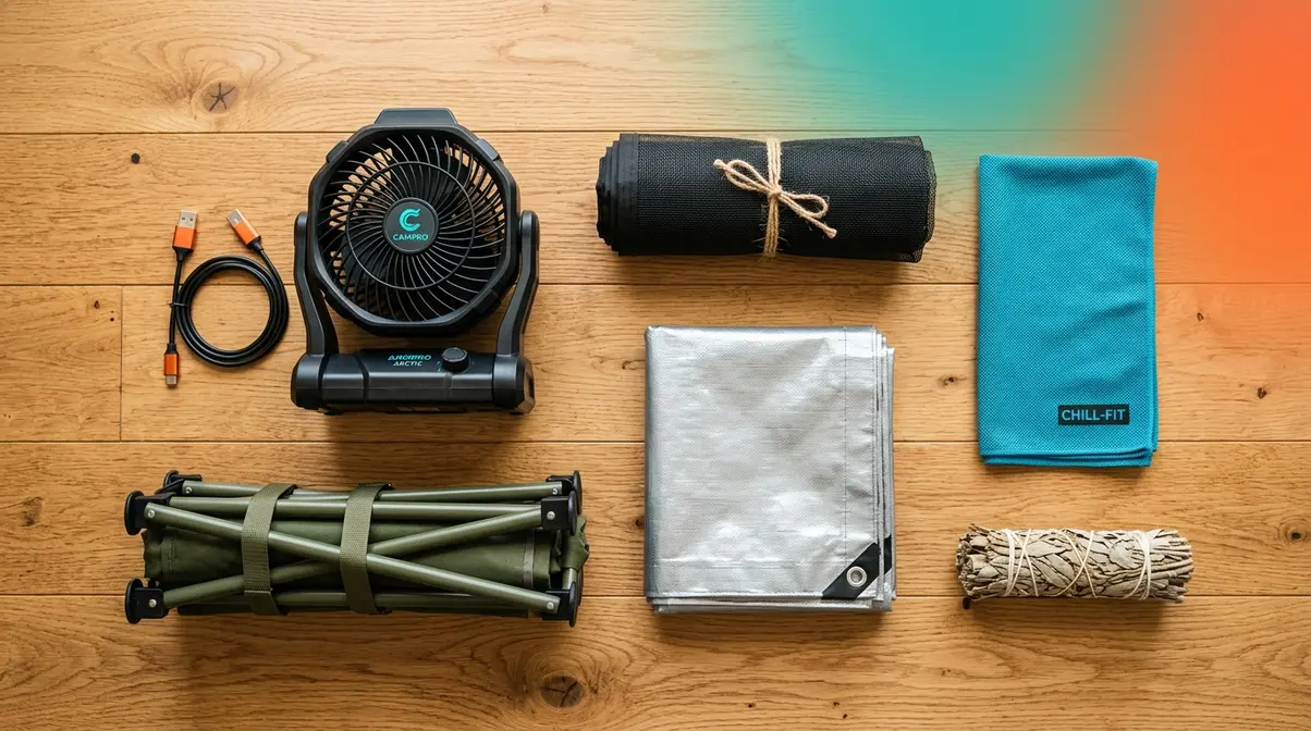 Camping airflow gear flat lay showing rechargeable fan elevated cot mesh screen reflective tarp and cooling towel