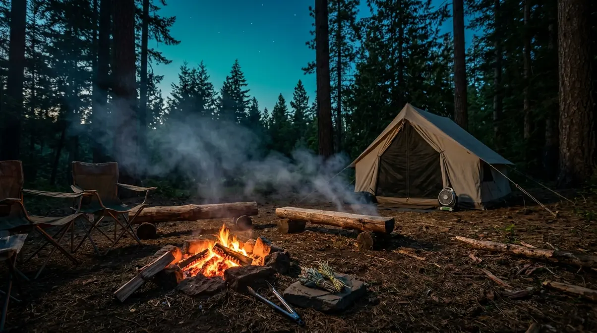 Campfire with sage smoke and camping fan creating bug deterrent airflow zone at dusk campsite