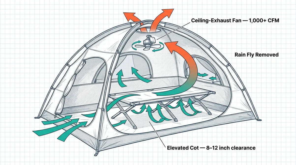 Anatomy of a cool camping tent showing airflow strategy with elevated cot ceiling fan and open mesh ventilation