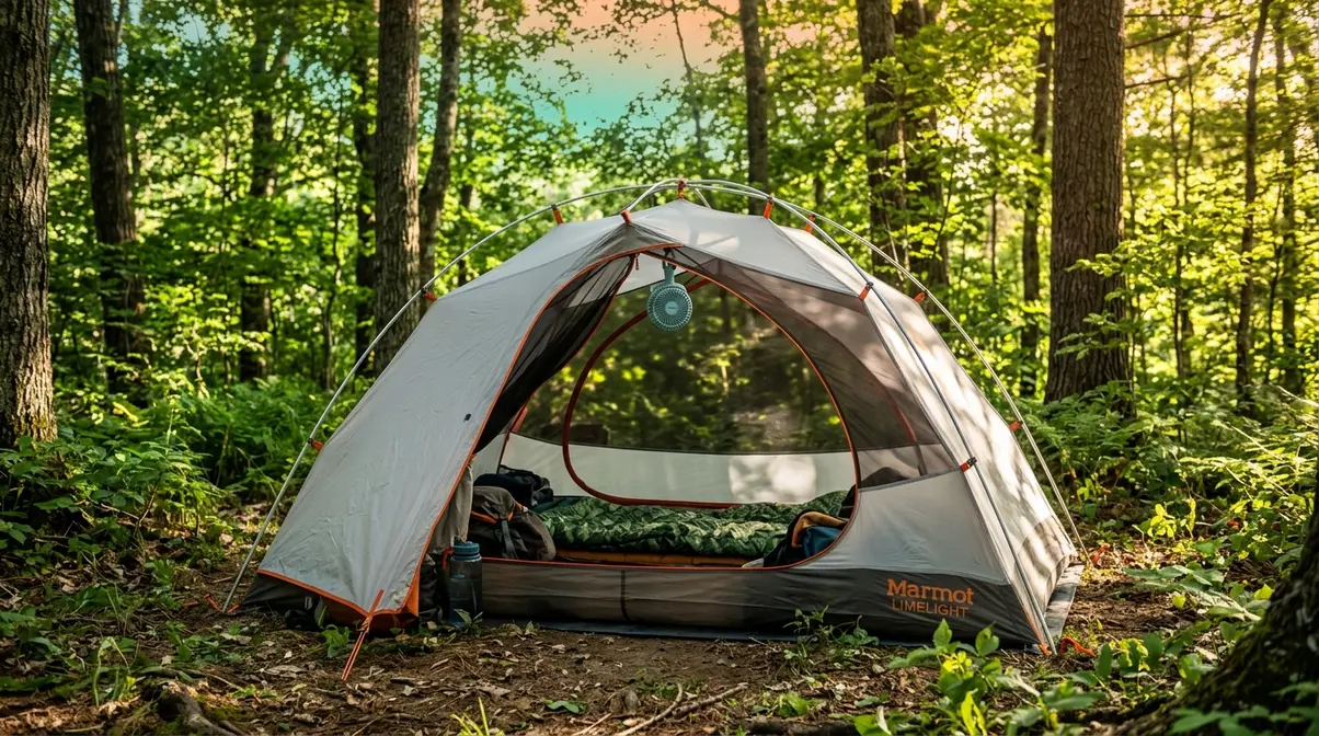 Dome tent with open mesh door and ceiling fan set up in forest shade for hot weather camping cooling