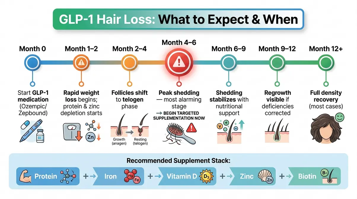 Timeline showing GLP-1 medication hair loss onset at months 4 to 6 and recovery with vitamin supplementation