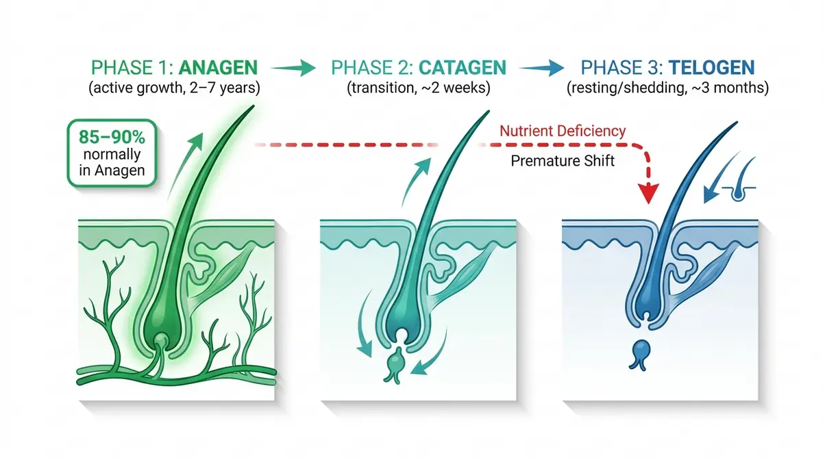 Diagram of hair growth cycle showing anagen, catagen, and telogen phases and how nutrient deficiency causes premature shedding