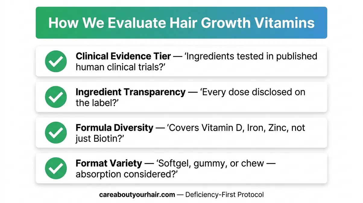 Four-criteria checklist for evaluating vitamins for hair growth: clinical evidence, transparency, diversity, format