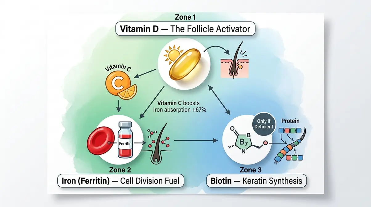 Illustration of key hair growth vitamins: Vitamin D as follicle activator, iron for cell division, and biotin for keratin synthesis