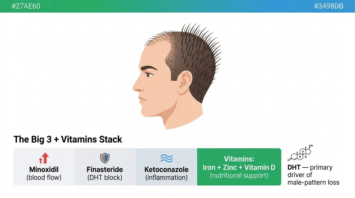 Illustration of hair growth vitamins for men showing DHT mechanism and the Big 3 treatment stack with vitamin support