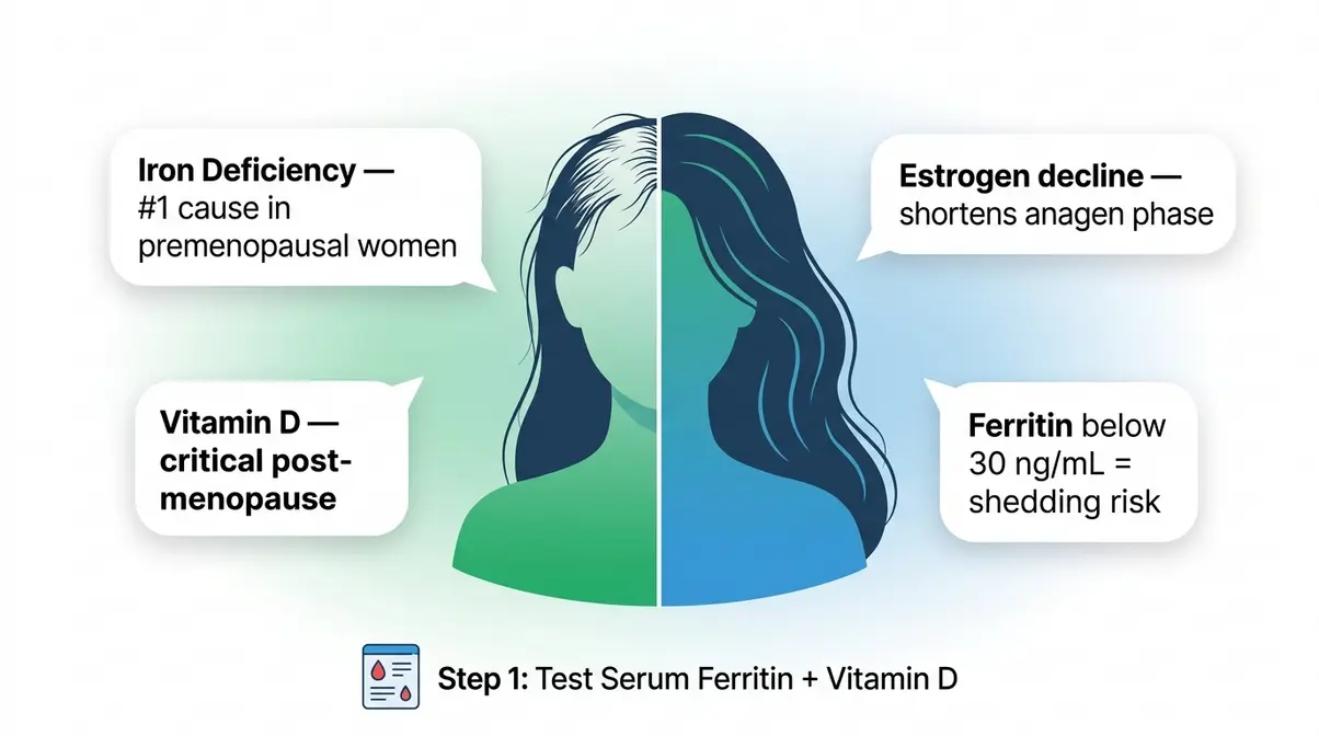 Illustration of female hair loss causes including iron deficiency, vitamin D, and hormonal changes affecting hair growth vitamins