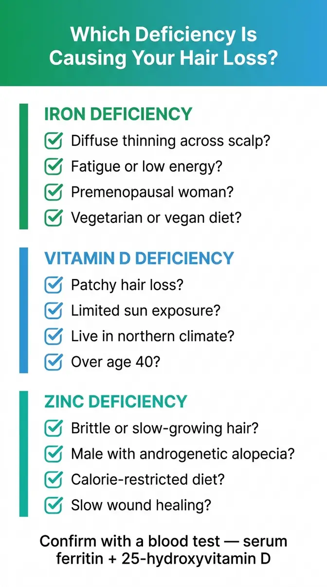 Self-assessment checklist for identifying iron, vitamin D, or zinc deficiency as the cause of hair loss