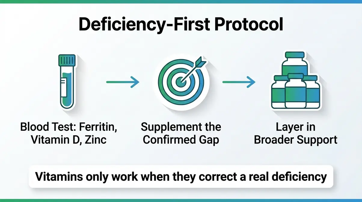 Three-step Deficiency-First Protocol diagram showing blood test, targeted supplementation, and layered support for hair vitamins