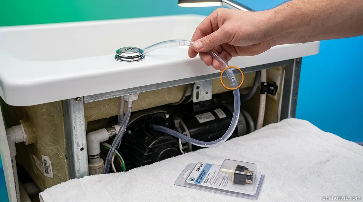 Inspecting walk-in tub pneumatic air switch tubing for moisture with replacement part nearby