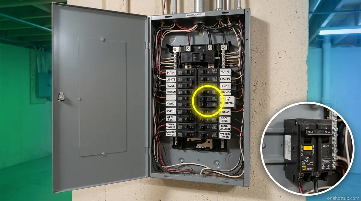 Electrical panel showing GFCI breaker labeled TUB with TEST and RESET buttons for walk-in tub circuit