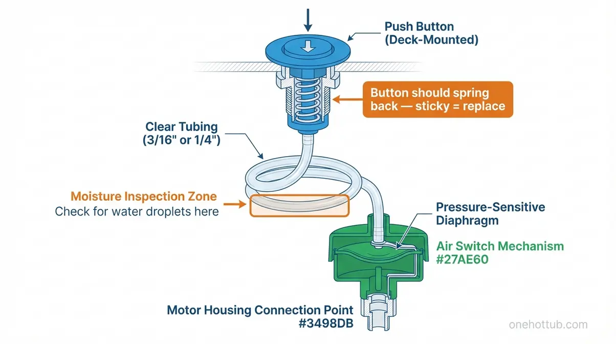 Diagram showing walk-in tub pneumatic air switch components including tubing connection and moisture inspection points