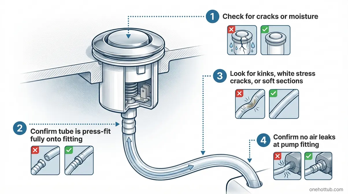 Diagram showing walk-in tub air switch location, airline tubing connection points, and four common failure signs to inspect