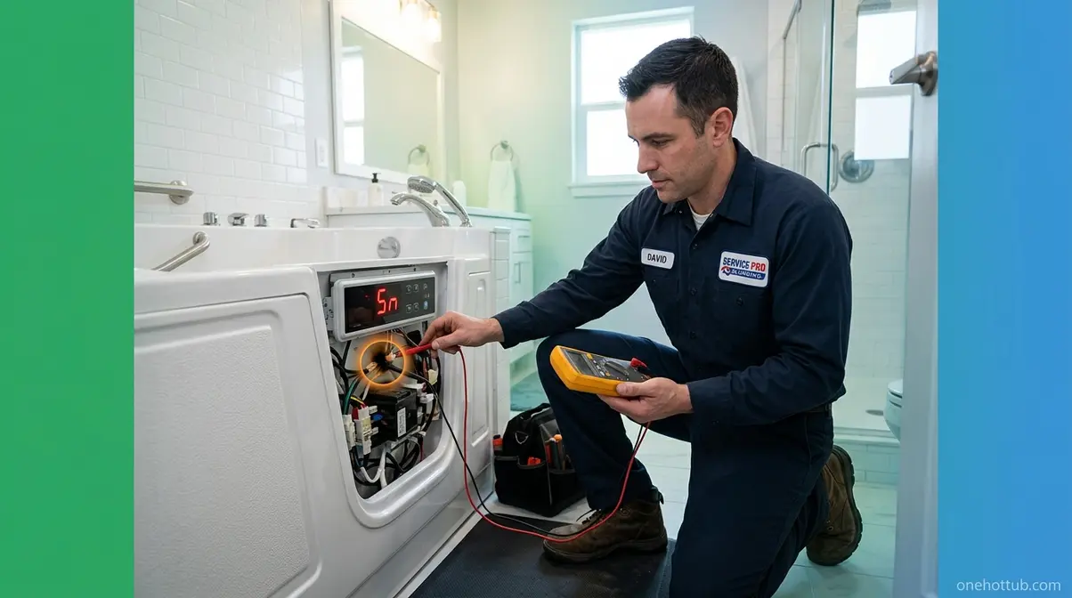 Licensed plumber testing walk-in tub control panel showing Sn error code with multimeter