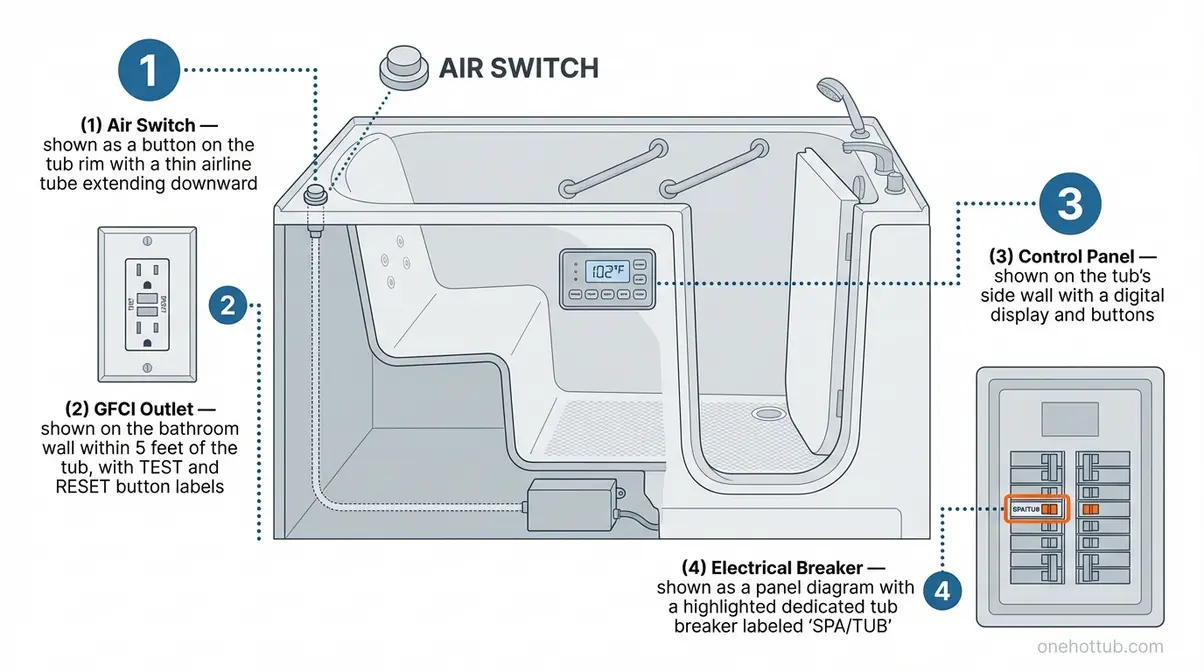 Annotated diagram of walk-in tub control system showing air switch, GFCI outlet, control panel, and electrical breaker locations