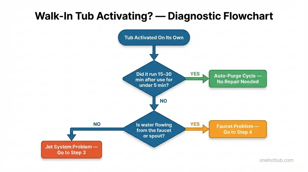 Walk-in tub turns on by itself diagnostic flowchart showing three paths: purge cycle, faucet problem, and jets problem