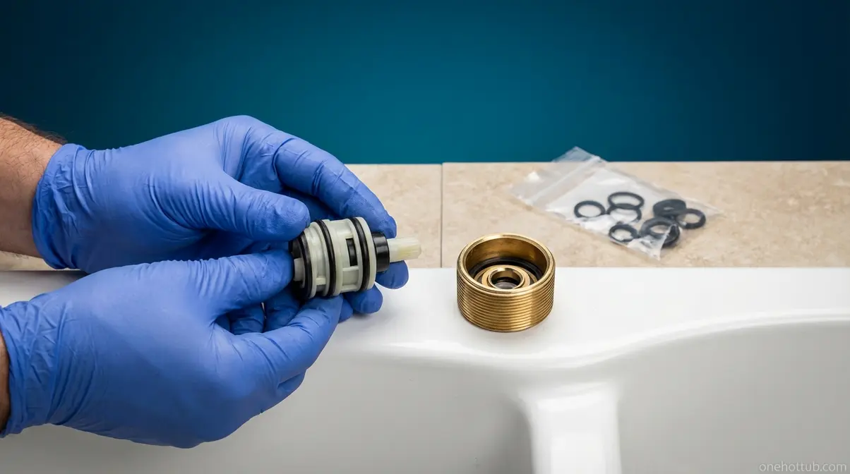 Walk-in tub faucet valve cartridge removed for replacement alongside O-ring kit to fix running faucet