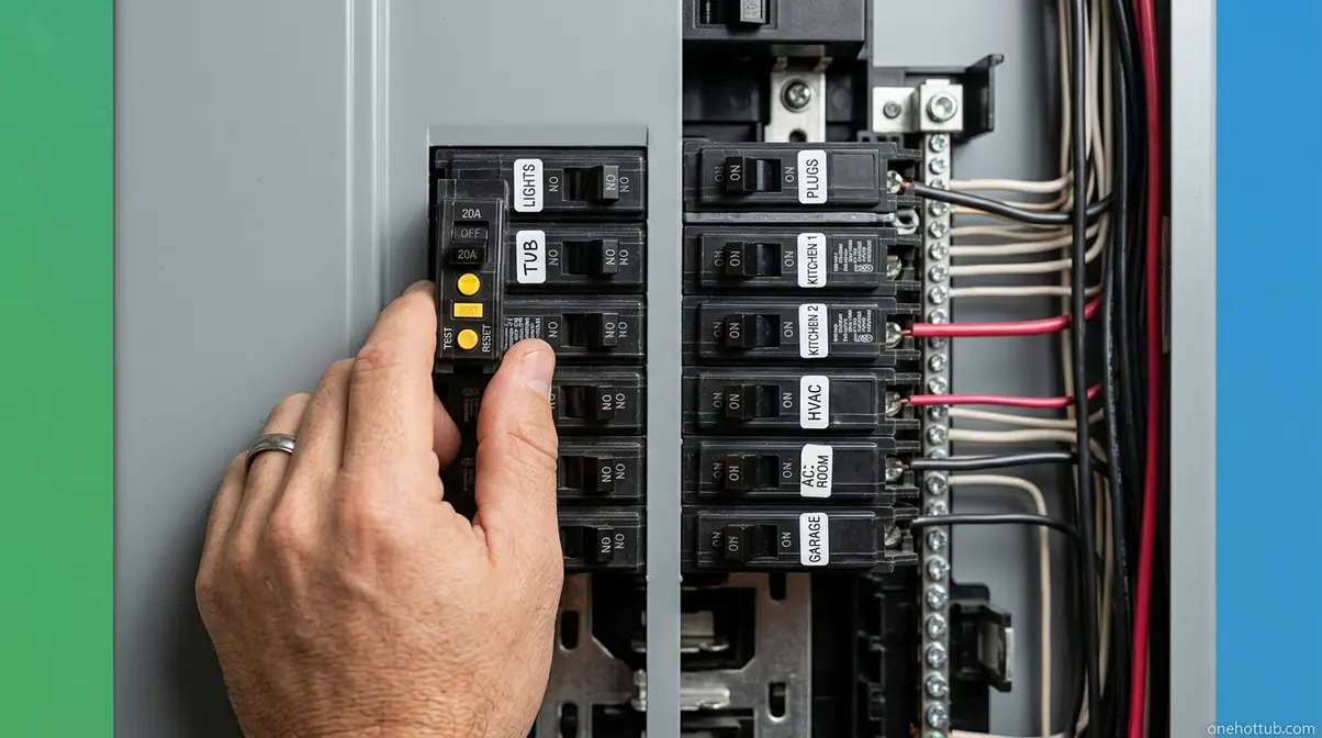 Hand flipping GFCI breaker labeled TUB to OFF position to safely cut power to walk-in tub