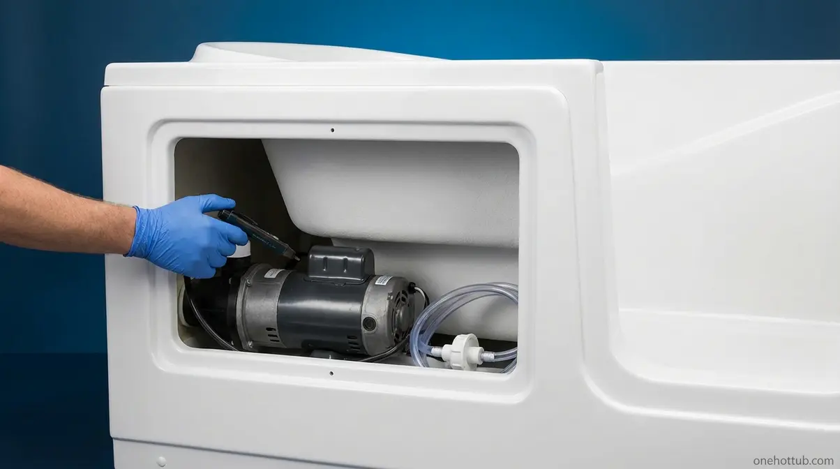 Walk-in tub access panel open showing jet pump, airline tubing, and air switch with voltage tester for DIY fix