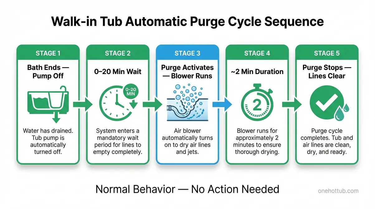 Walk-in tub purge cycle timeline showing automatic activation 20 minutes after draining to clear jet lines