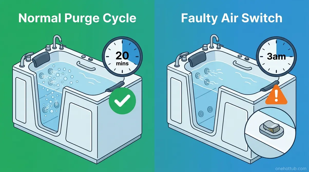Side-by-side comparison of normal walk-in tub purge cycle versus faulty air switch malfunction