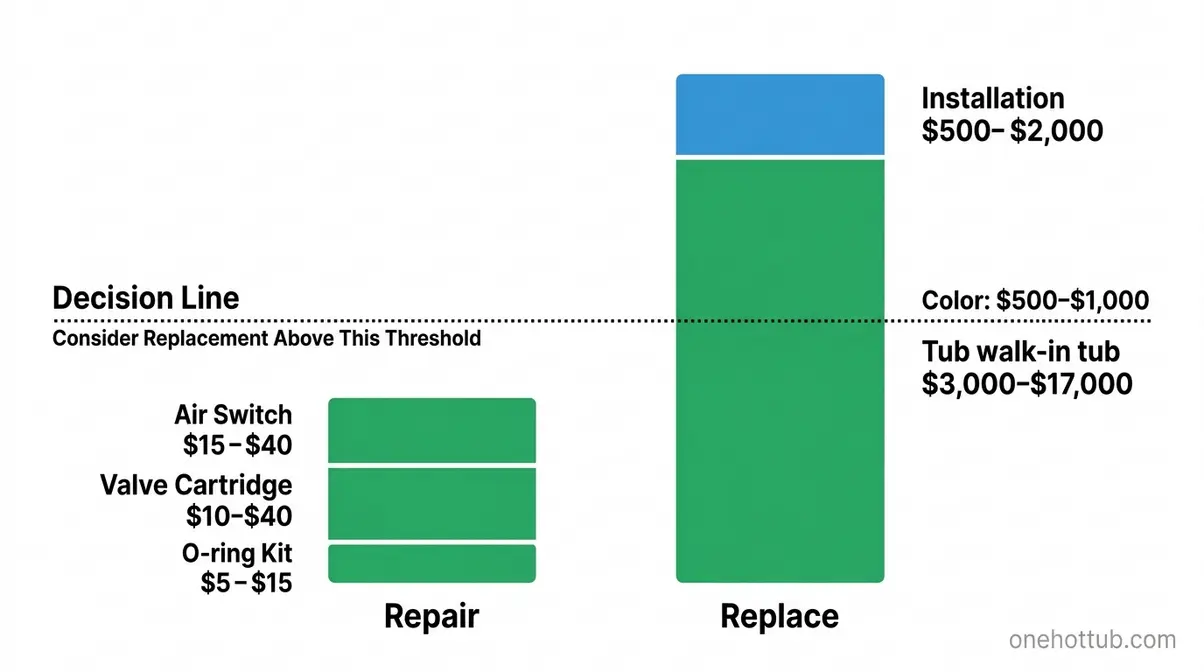 Walk-in tub repair versus replacement cost comparison chart showing air switch and cartridge costs versus full replacement