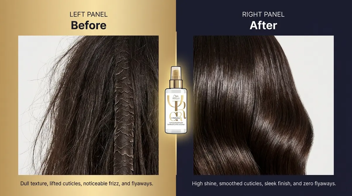 Wella Oil Reflections before and after infographic showing frizz control and shine transformation on dark hair