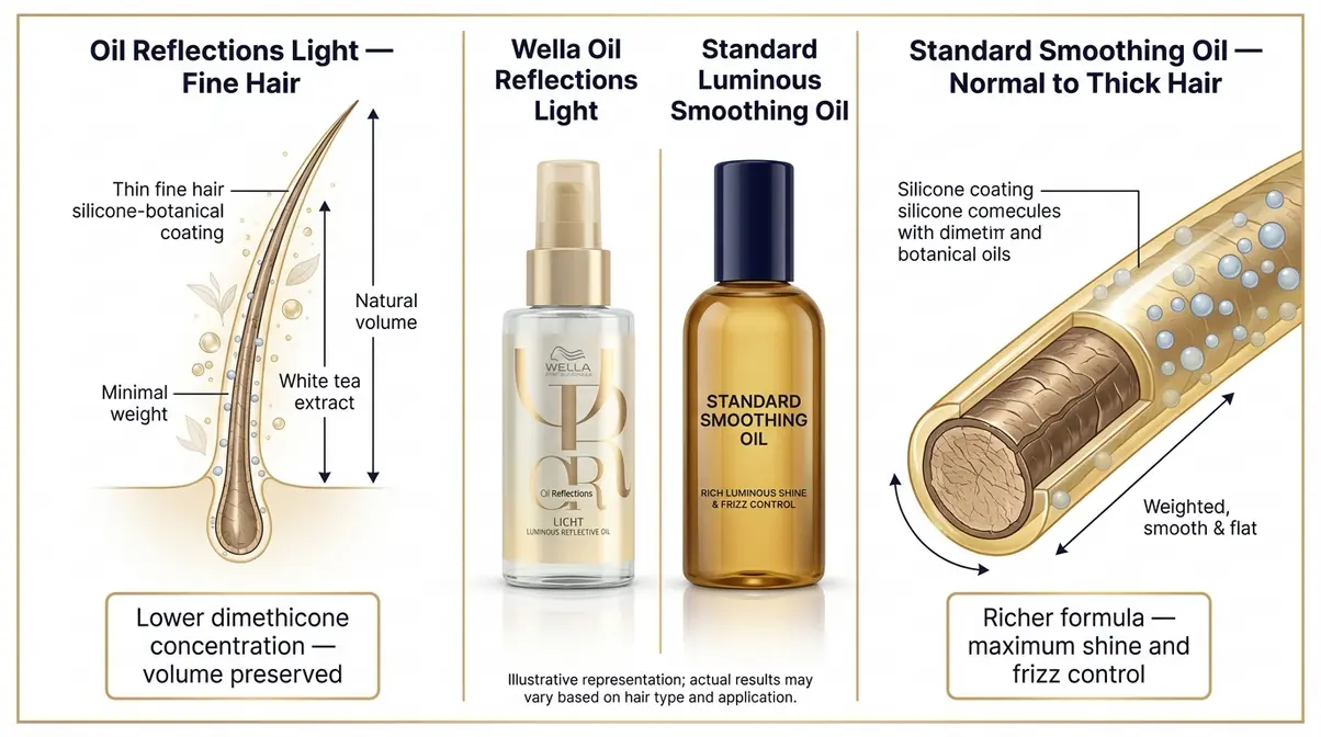 Diagram comparing Wella Oil Reflections Light on fine hair versus standard formula on normal to thick hair showing volume difference