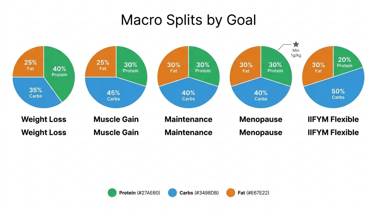 Macro split pie charts for weight loss muscle gain maintenance menopause and IIFYM flexible dieting goals