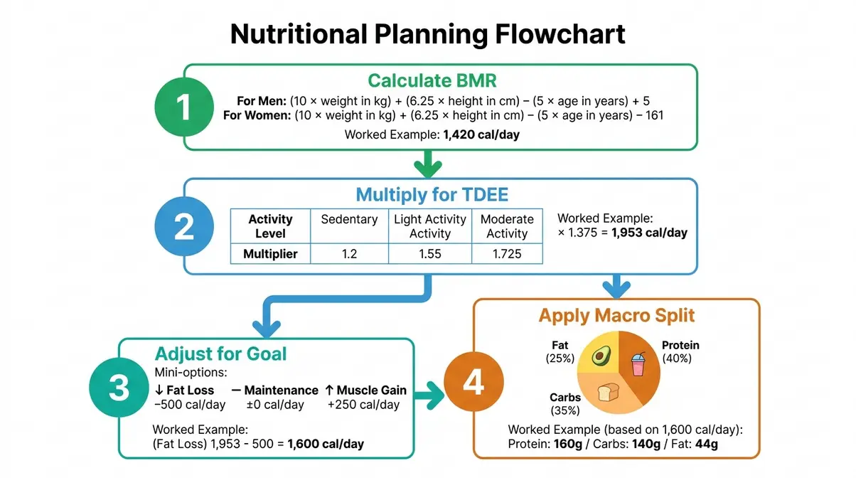 Step by step macro calculation flowchart for beginners showing BMR TDEE goal adjustment and macro split