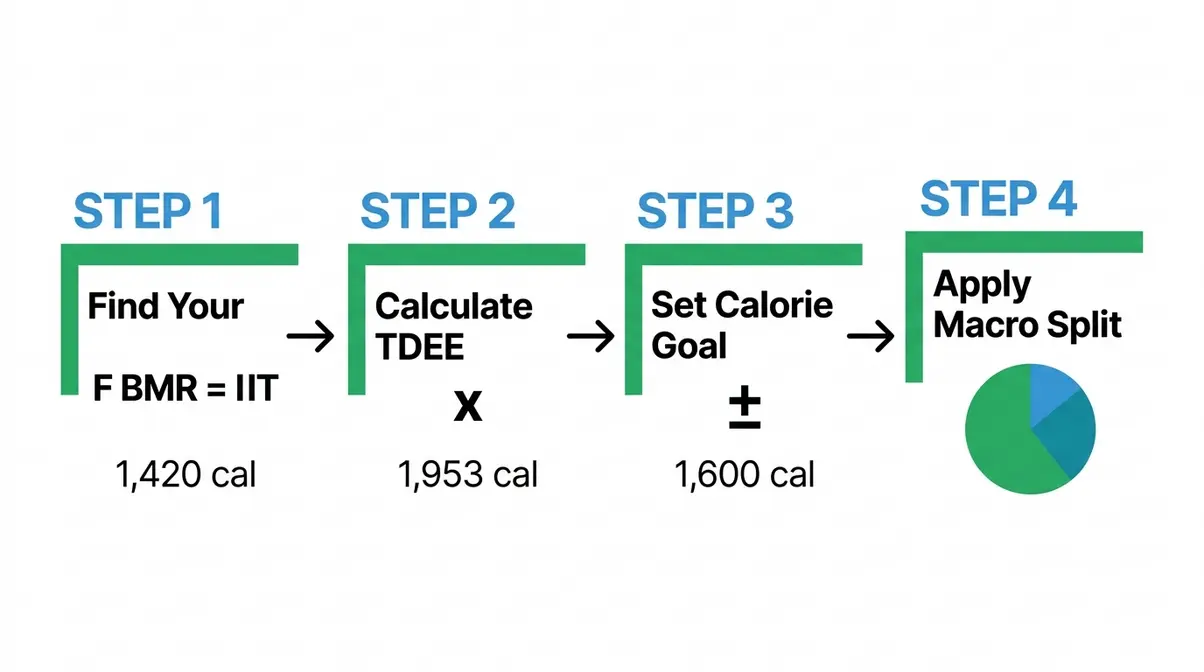 Four-step macro calculation method showing BMR TDEE calorie goal and macro split process diagram