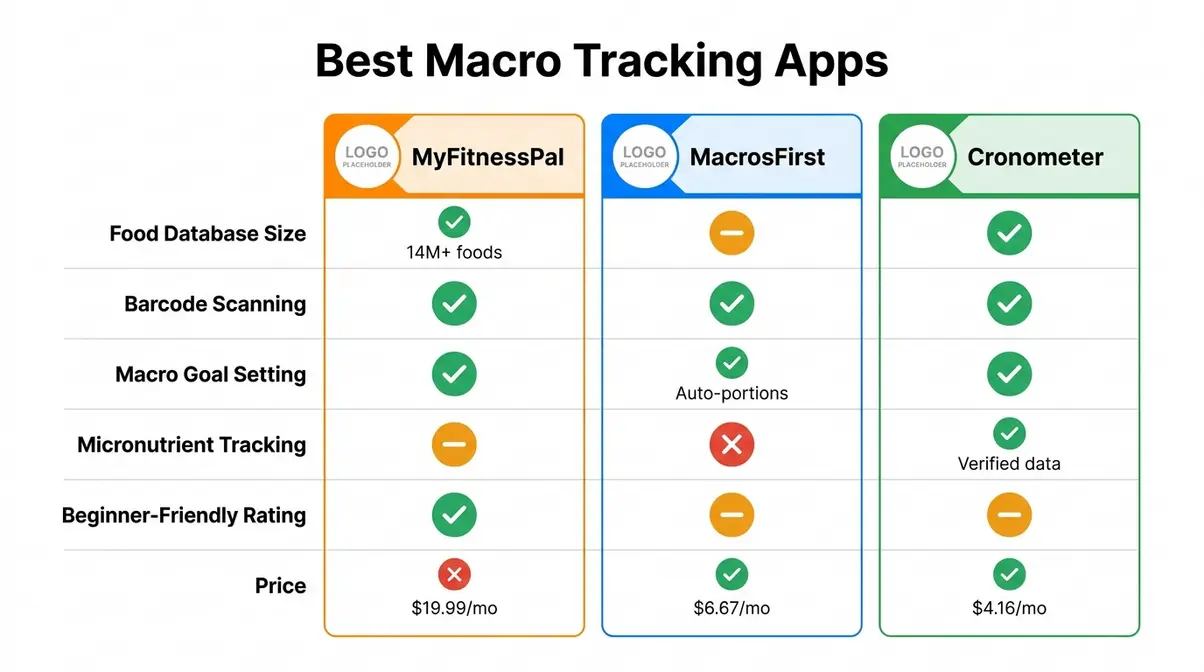 Macro tracking app comparison matrix rating MyFitnessPal MacrosFirst and Cronometer across six beginner criteria