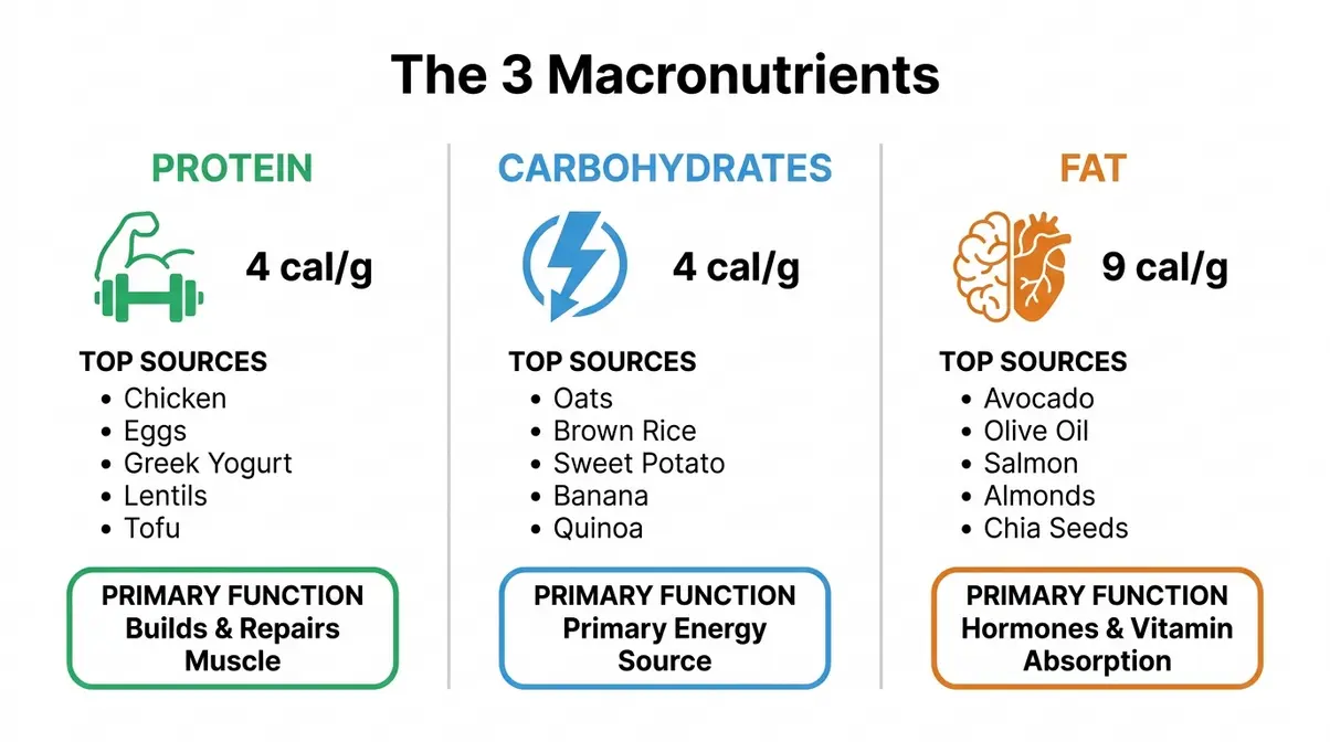Macros for beginners infographic showing protein carbs and fat calorie values food sources and body roles