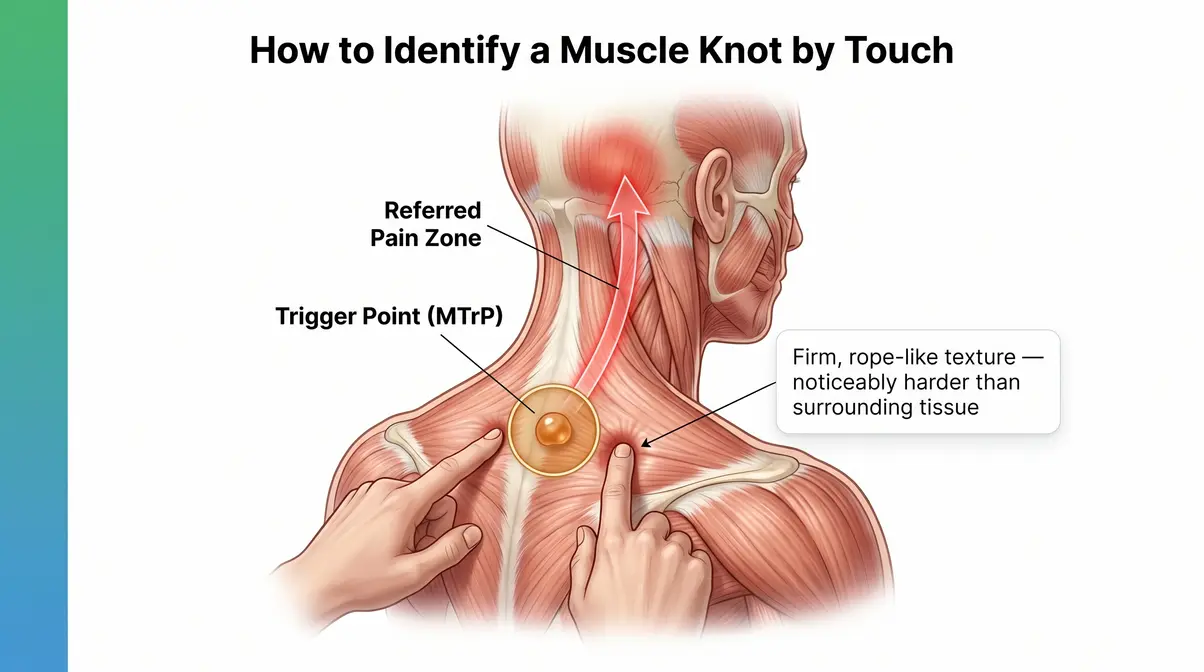 Anatomical diagram showing two fingers pressing on upper trapezius trigger point with referred pain zone toward the skull