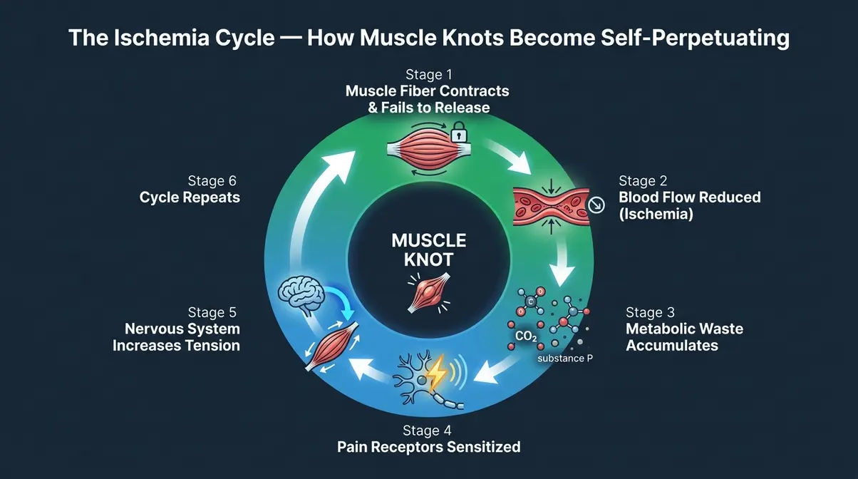 Circular diagram showing the 6-step Ischemia Cycle — how muscle knots become self-perpetuating through contraction and reduced blood flow