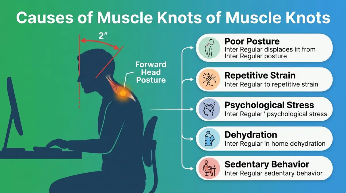Illustration showing forward head posture at a desk and the five primary causes of muscle knots including stress and dehydration