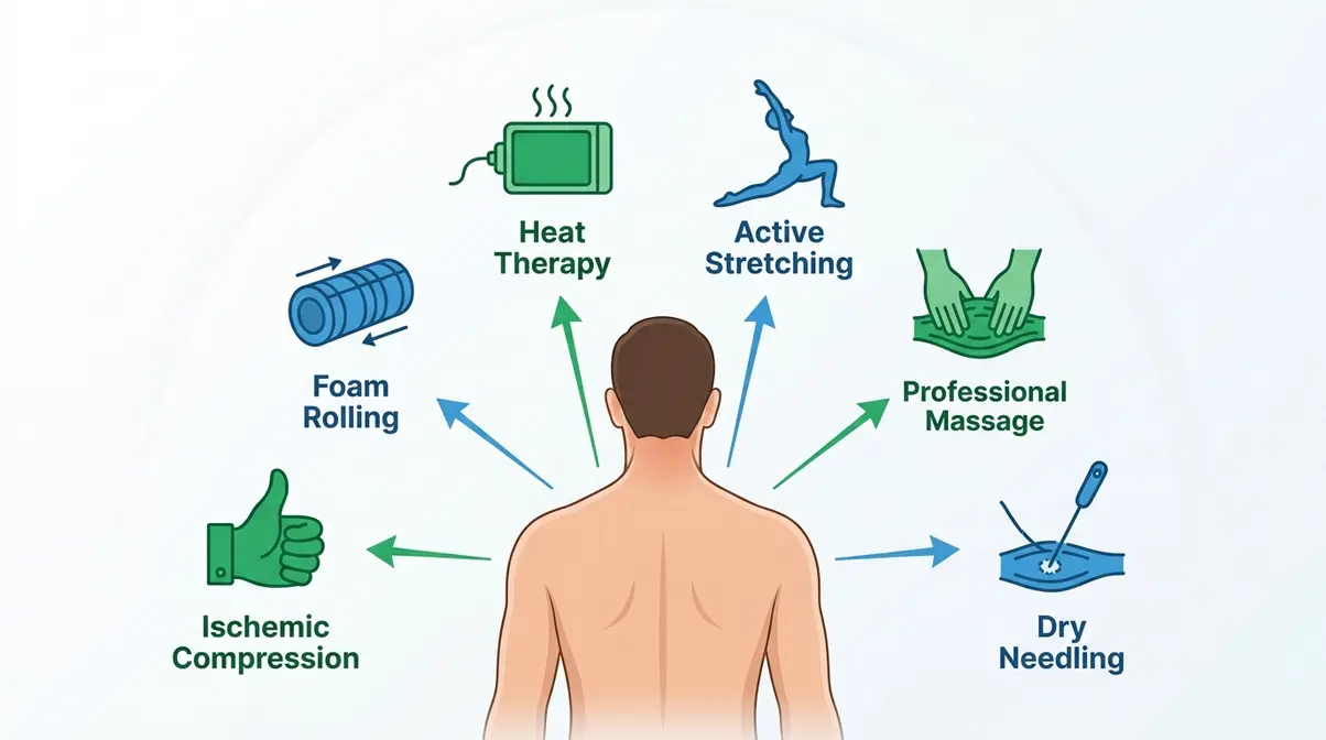 Overview illustration of six muscle knot release techniques pointing outward from a human upper back — compression, rolling, heat, stretching, massage, needling