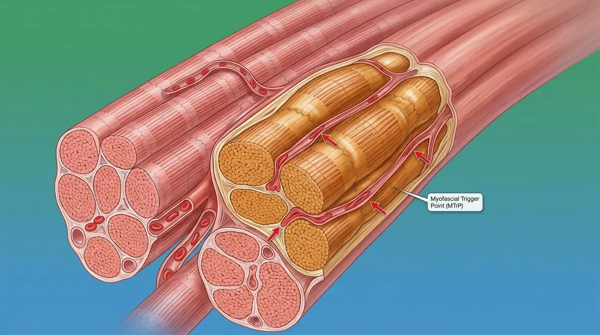 Medical illustration of skeletal muscle fiber cross-section showing a contracted myofascial trigger point with restricted blood flow