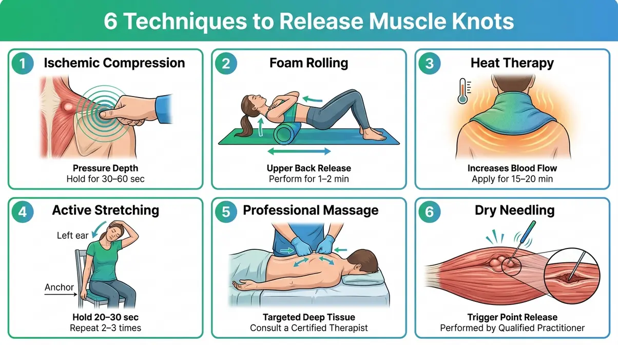 Six-panel illustrated guide showing hand positions and body placement for ischemic compression, foam rolling, heat therapy, active stretching, massage, and dry needling