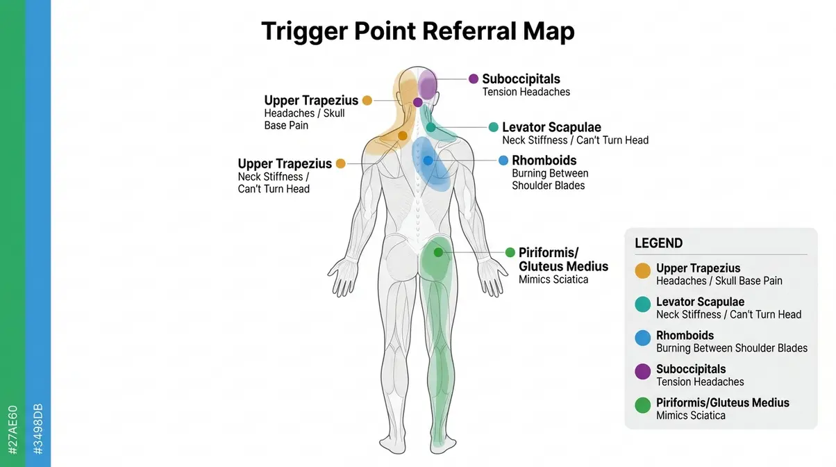 Full-body referral pain map showing muscle knot locations in upper trapezius, levator scapulae, rhomboids, piriformis, and suboccipitals with color-coded referred pain zones