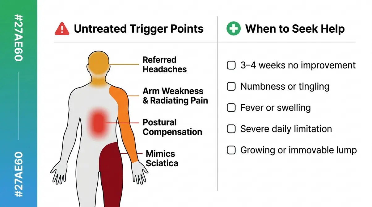 Medical infographic showing consequences of untreated muscle knots including referred pain zones and warning signs requiring professional care