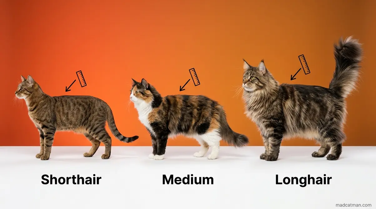 Three cats side by side showing shorthair medium and longhair coat length differences for breed identification