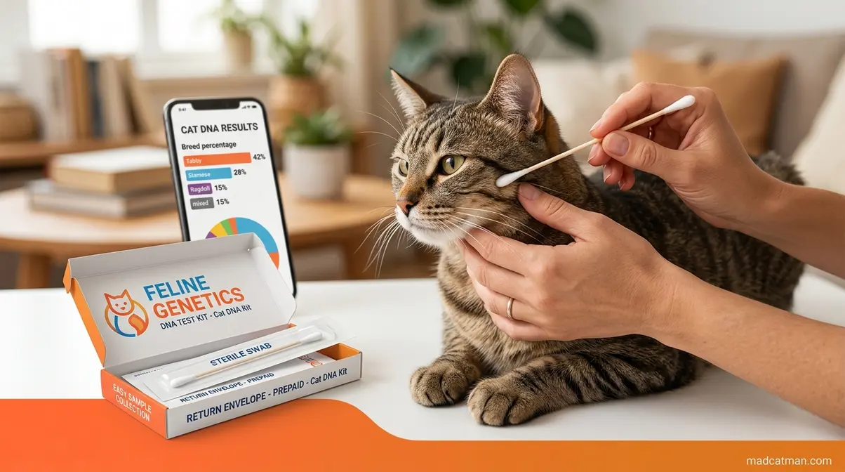 Person collecting a cat DNA test cheek swab sample from a calm tabby cat at home with test kit