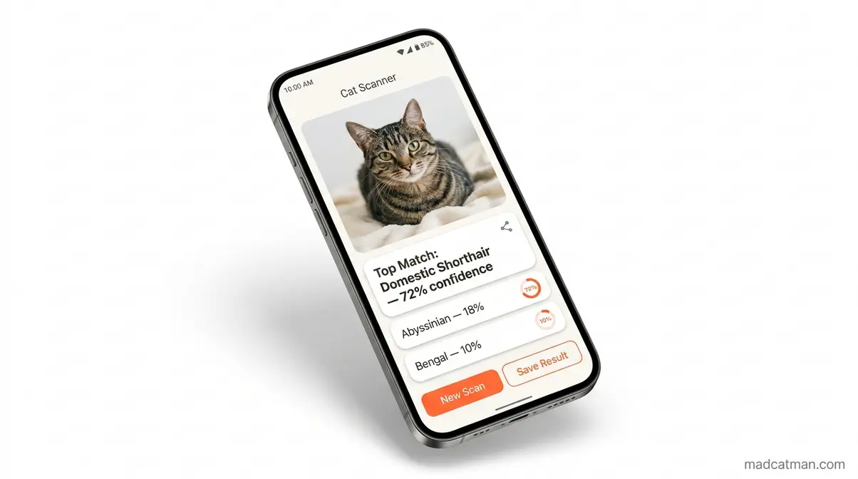Smartphone showing cat scanner app breed identification result for a tabby cat with confidence percentage