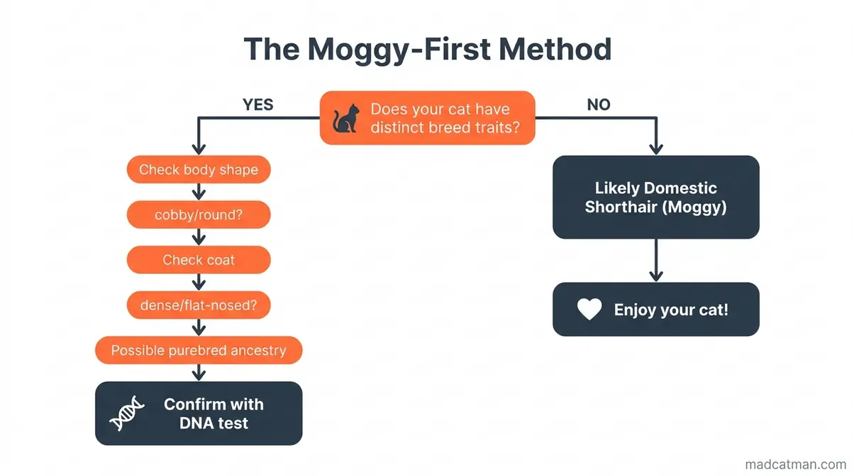 Moggy-First Method flowchart for deciding if a cat is a purebred or domestic shorthair mixed-breed