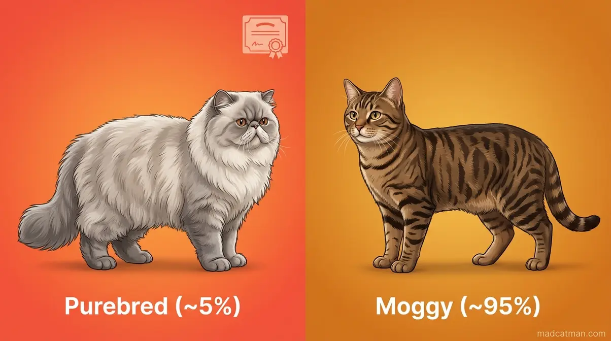 Side-by-side illustration comparing a purebred Persian cat with a mixed-breed domestic shorthair moggy cat