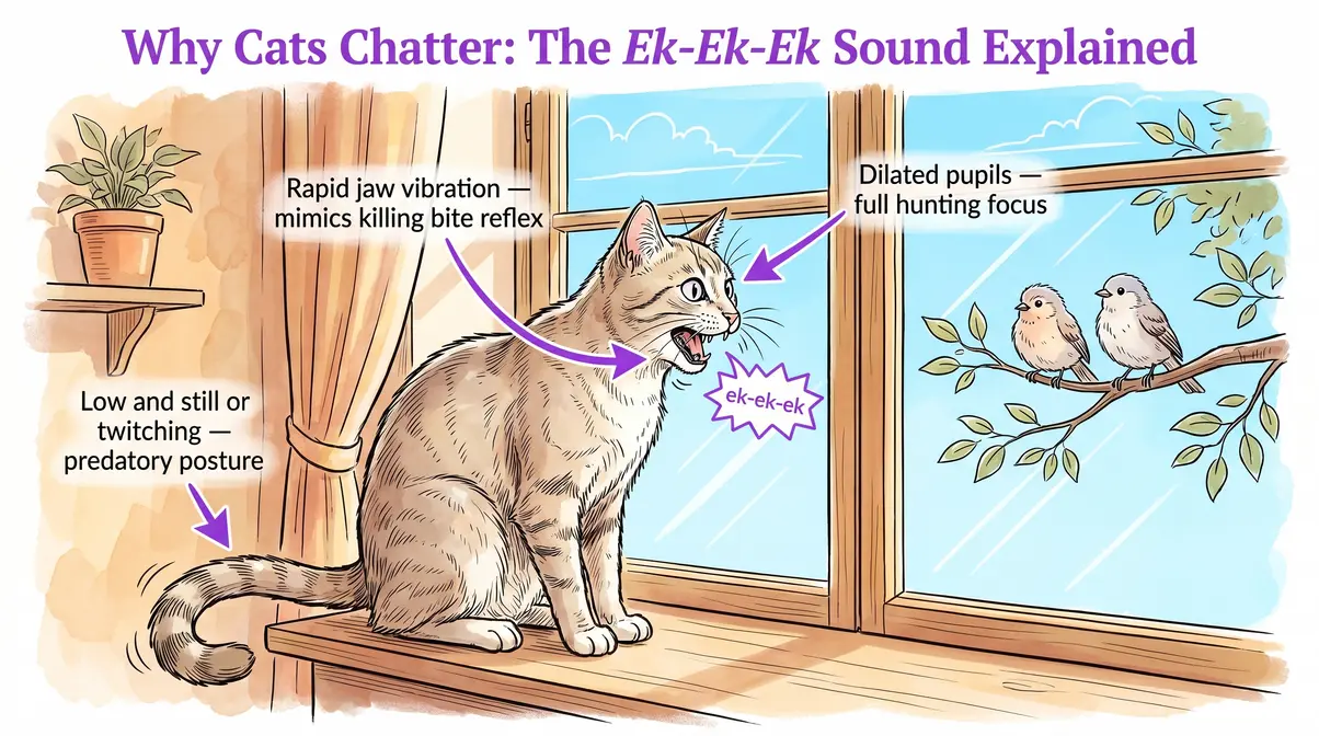 Illustrated diagram of a cat chattering at birds through a window with jaw movement and sound labels