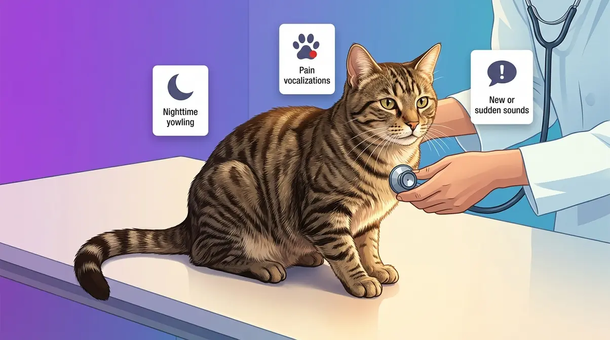 Cat at veterinary examination with warning sign icons for vocalizations that need a vet visit
