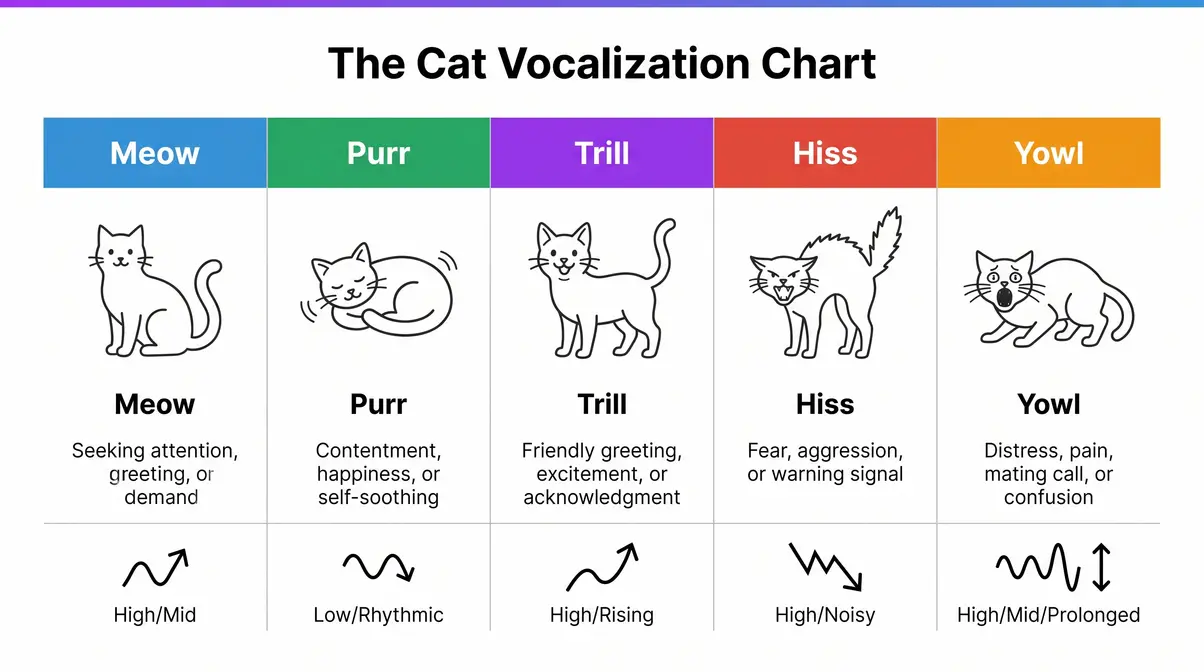 Infographic mapping cat sounds to emotions — meow, purr, hiss, trill, and yowl with color-coded categories
