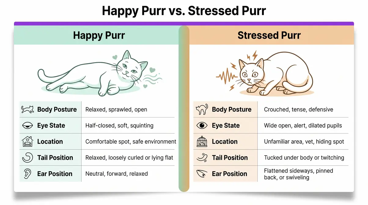 Side-by-side comparison of happy purr versus stressed purr showing body language cues and context differences
